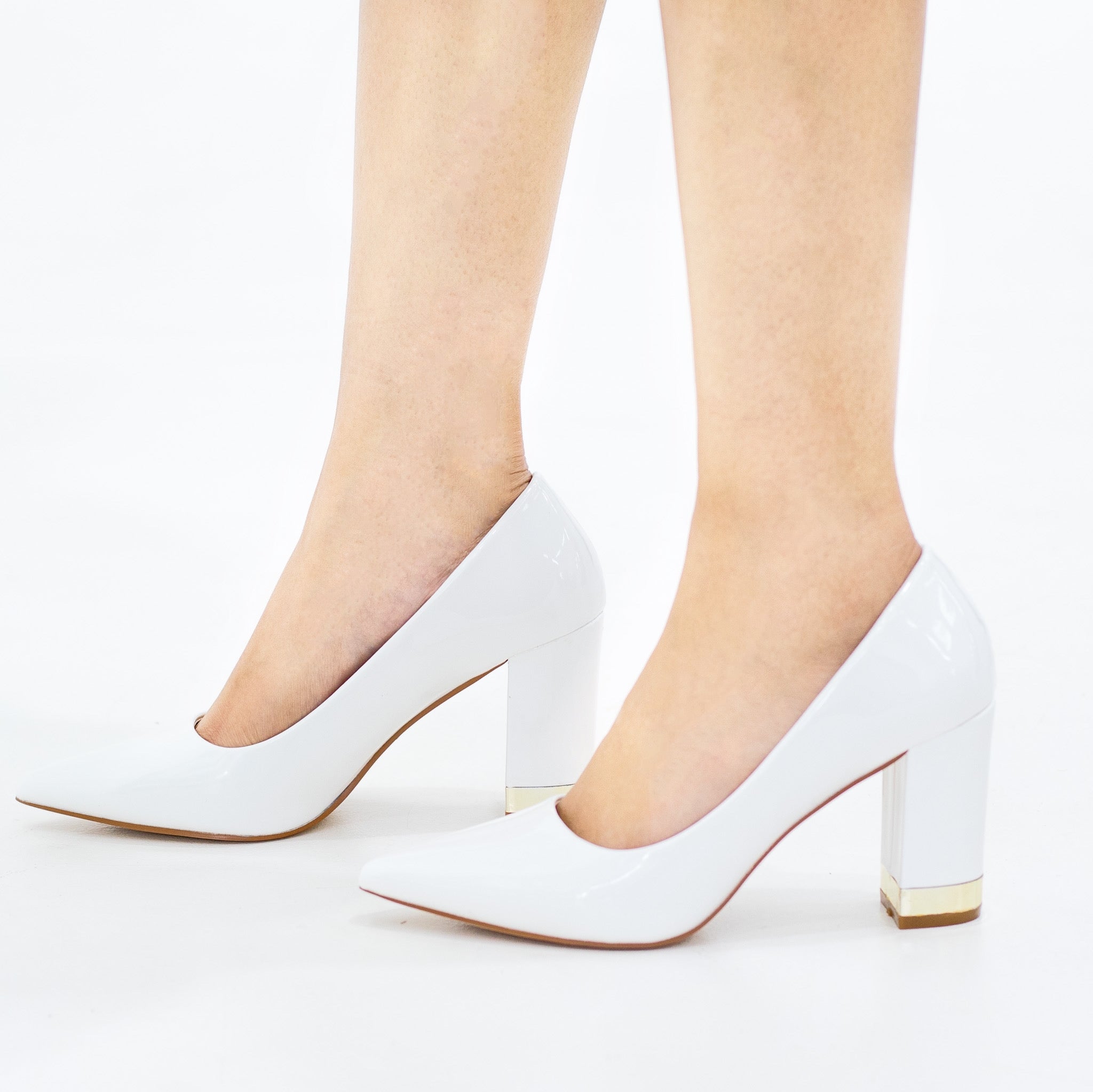 Himani pat court shoe on 8.5cm block gold trim heel white