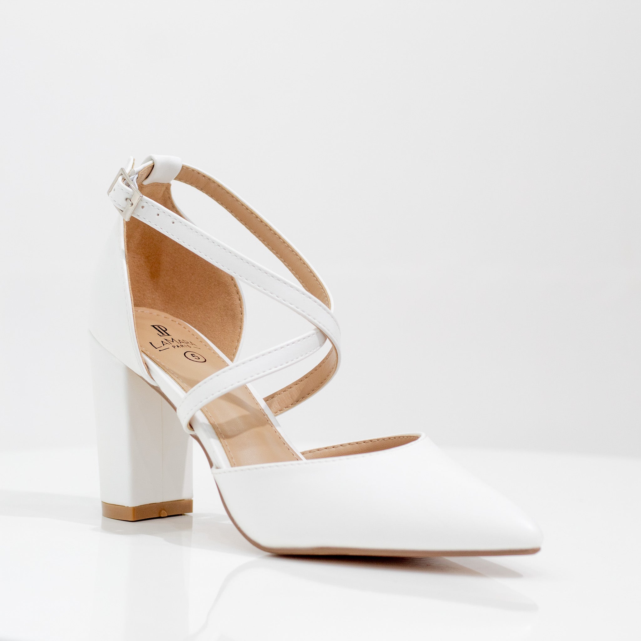 Femi cross-belts open wais 8.5cm block heel white