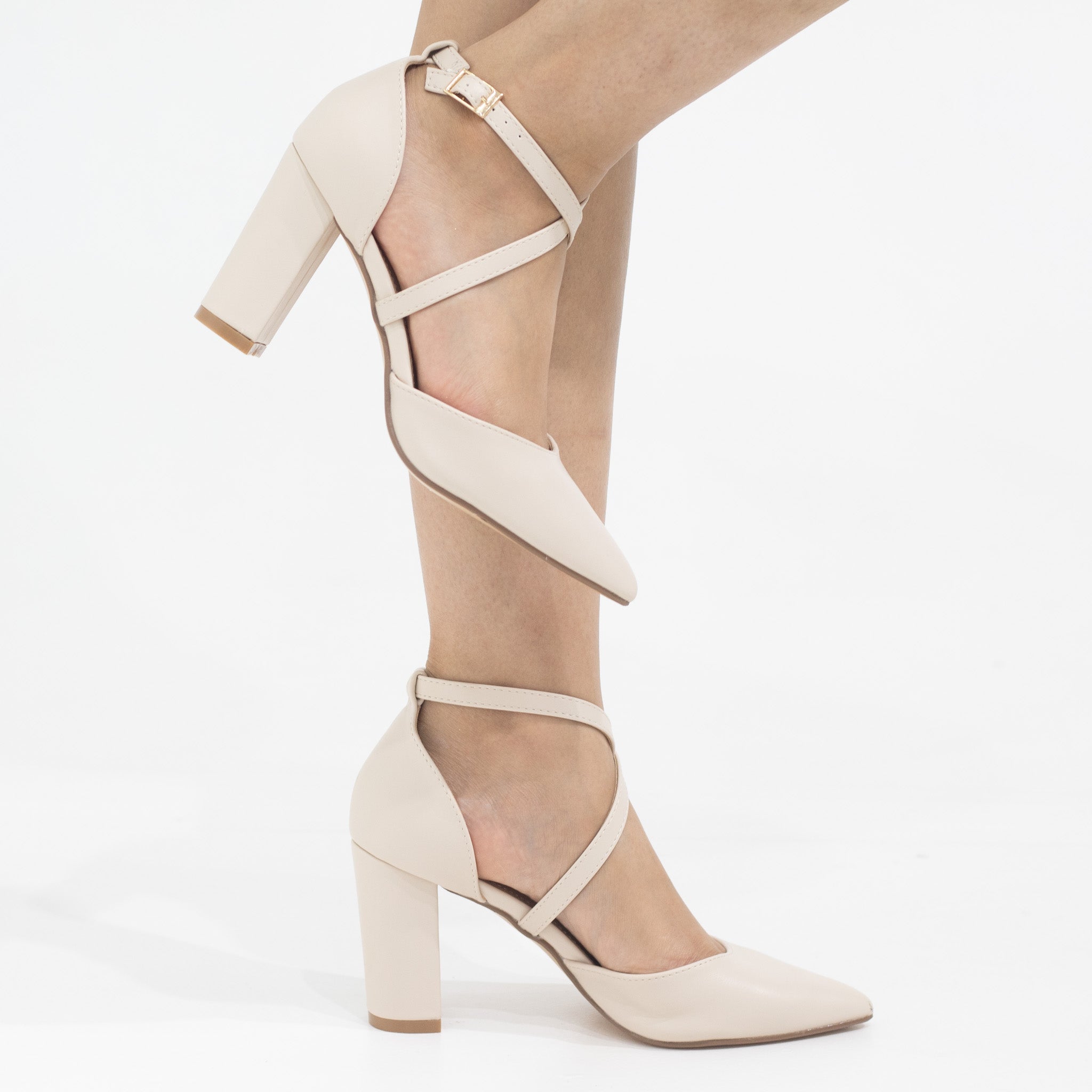 Femi cross-belts open waist 8.5cm block heel nude