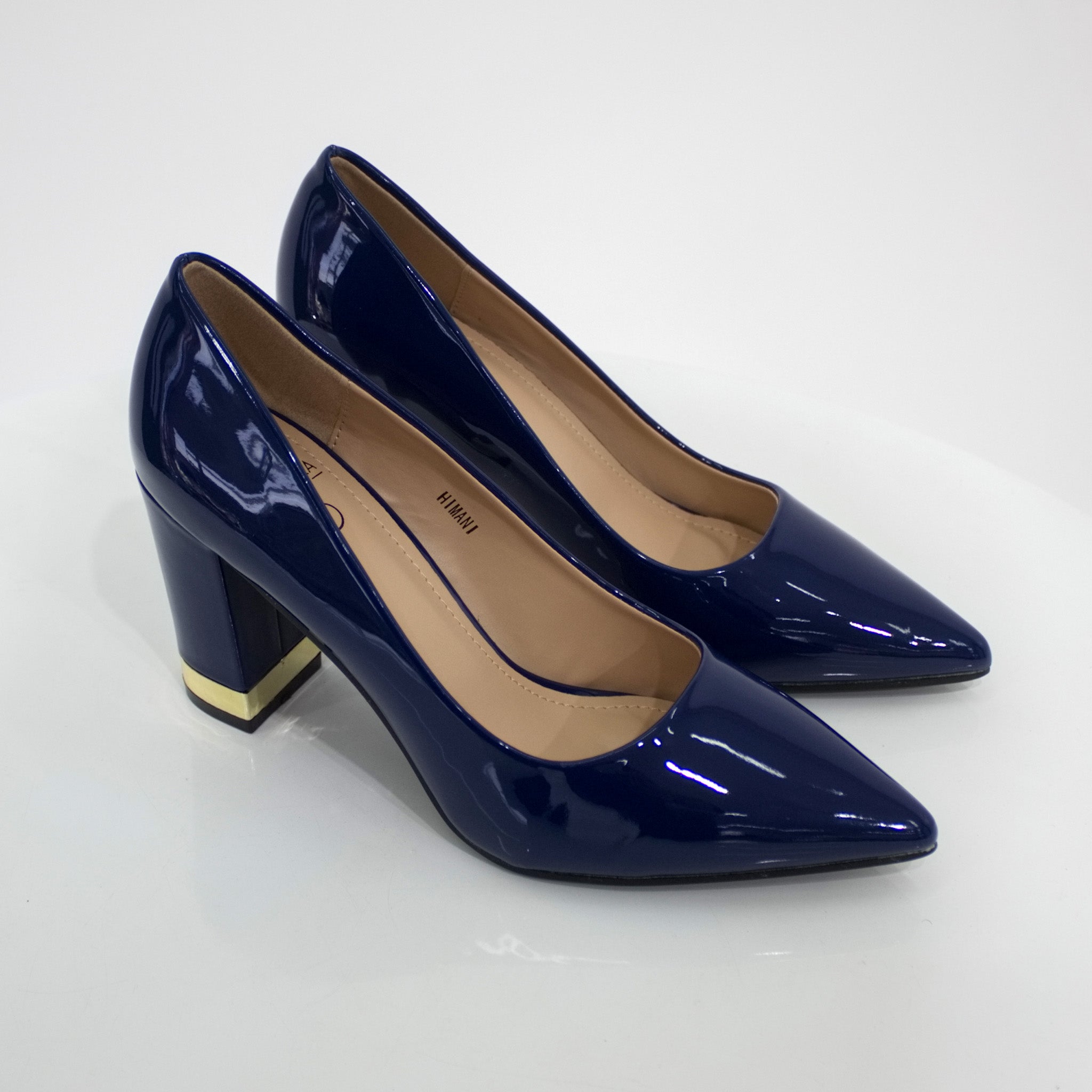 Himani pat court shoe on 8.5cm block gold trim heel navy