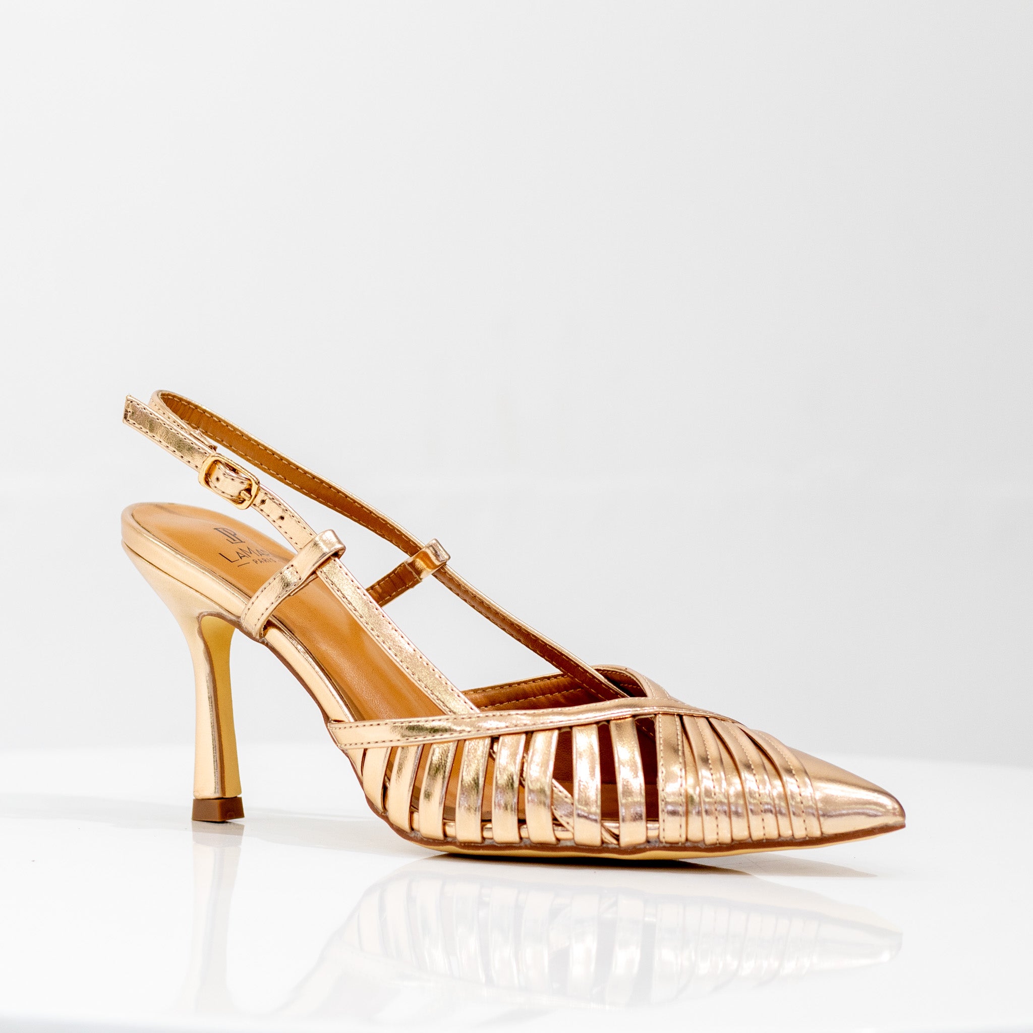 gold closed strippy 6cm heel sling back