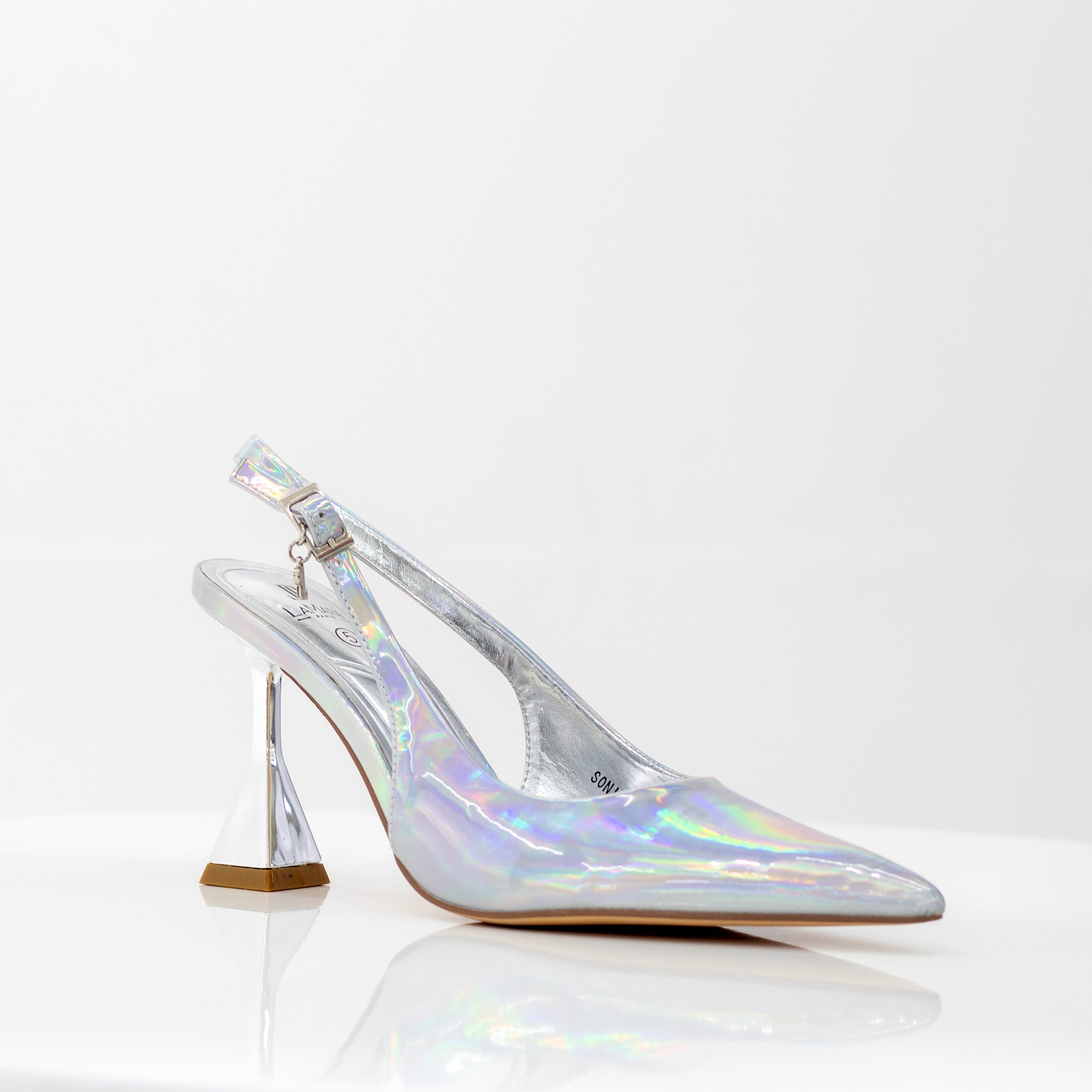 silver 7cm spool heel sling back pump