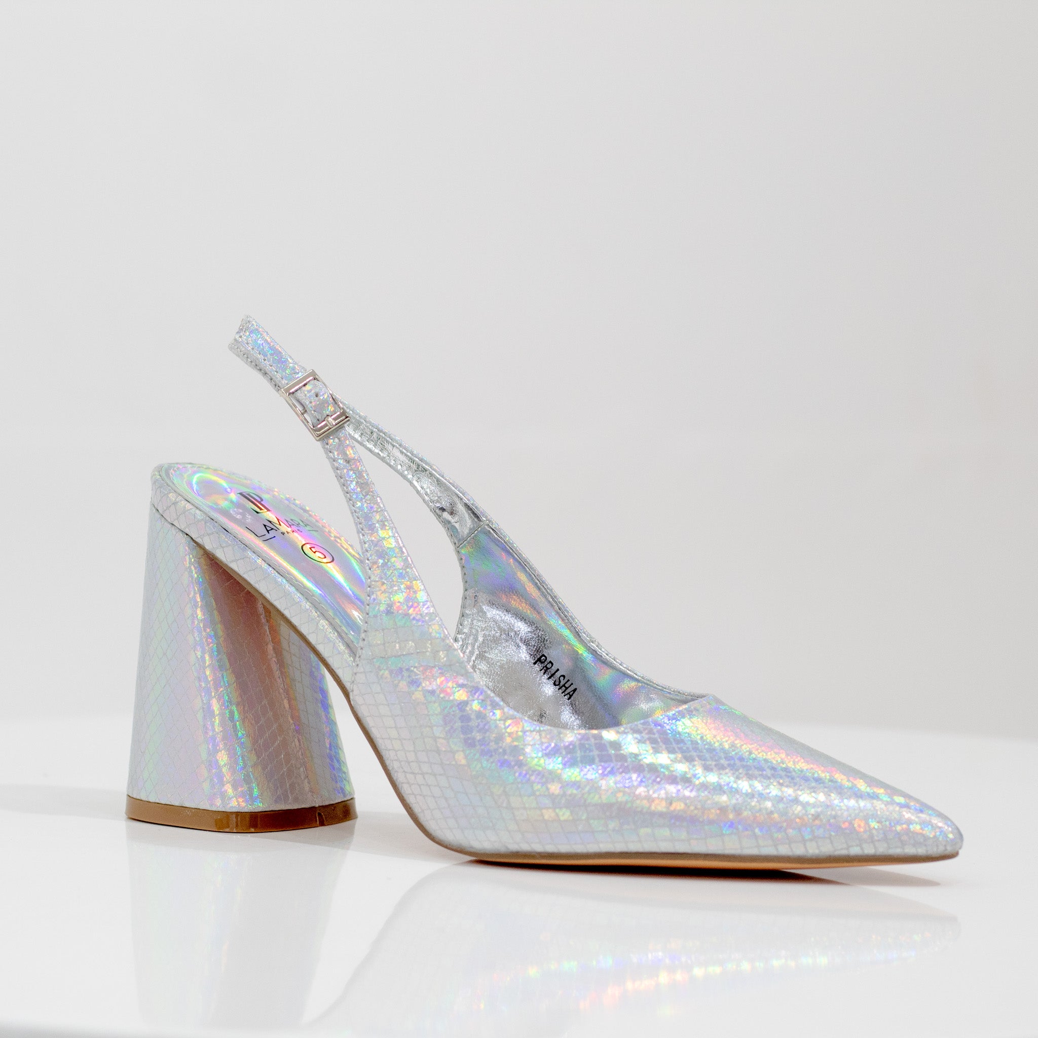 silver pointy sling back on a block heel 