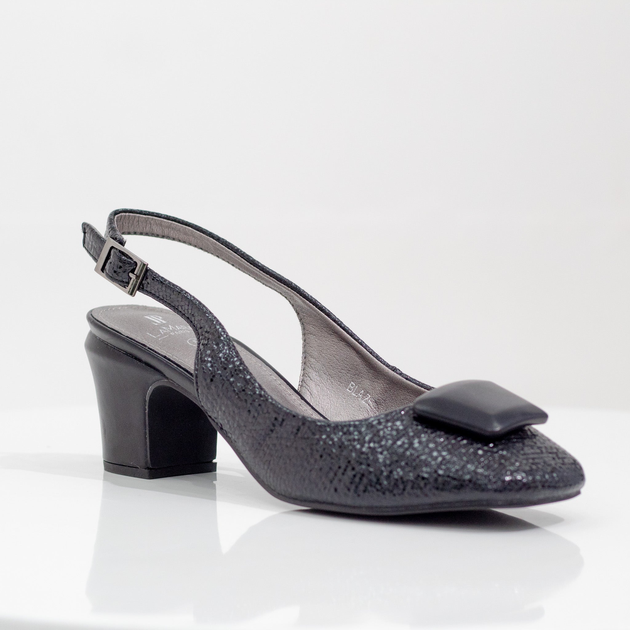 block heel sling back with square trim pumps black