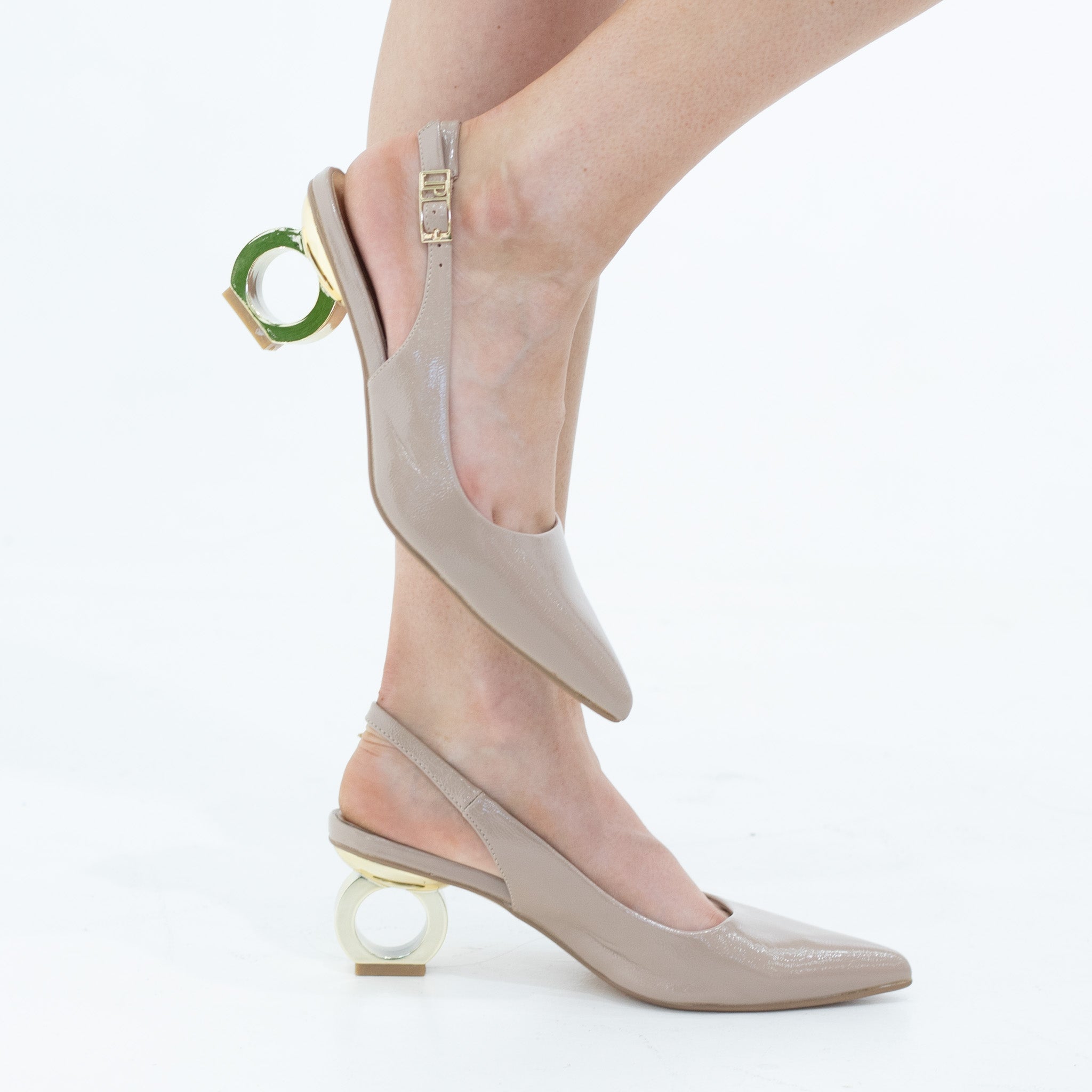 Izel 6cm circ heel pointy pat sling back pumps taupe