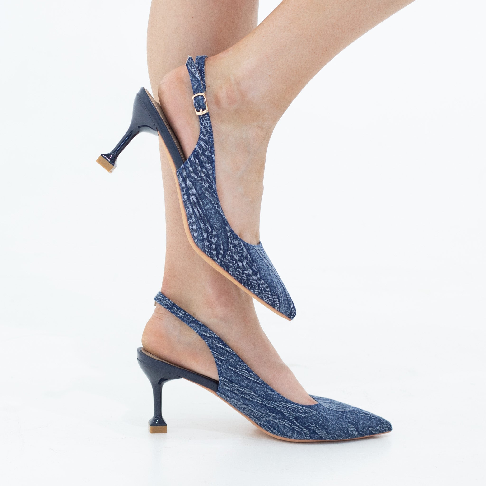 Kalina  7.5cm heel open waist sling back denim