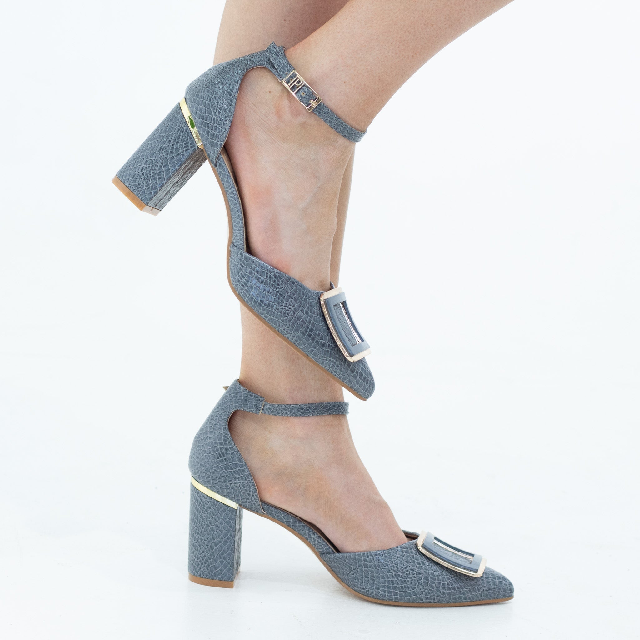 Chakrika  snake skin open waist pointy with sqr trim on 8cm heel blue