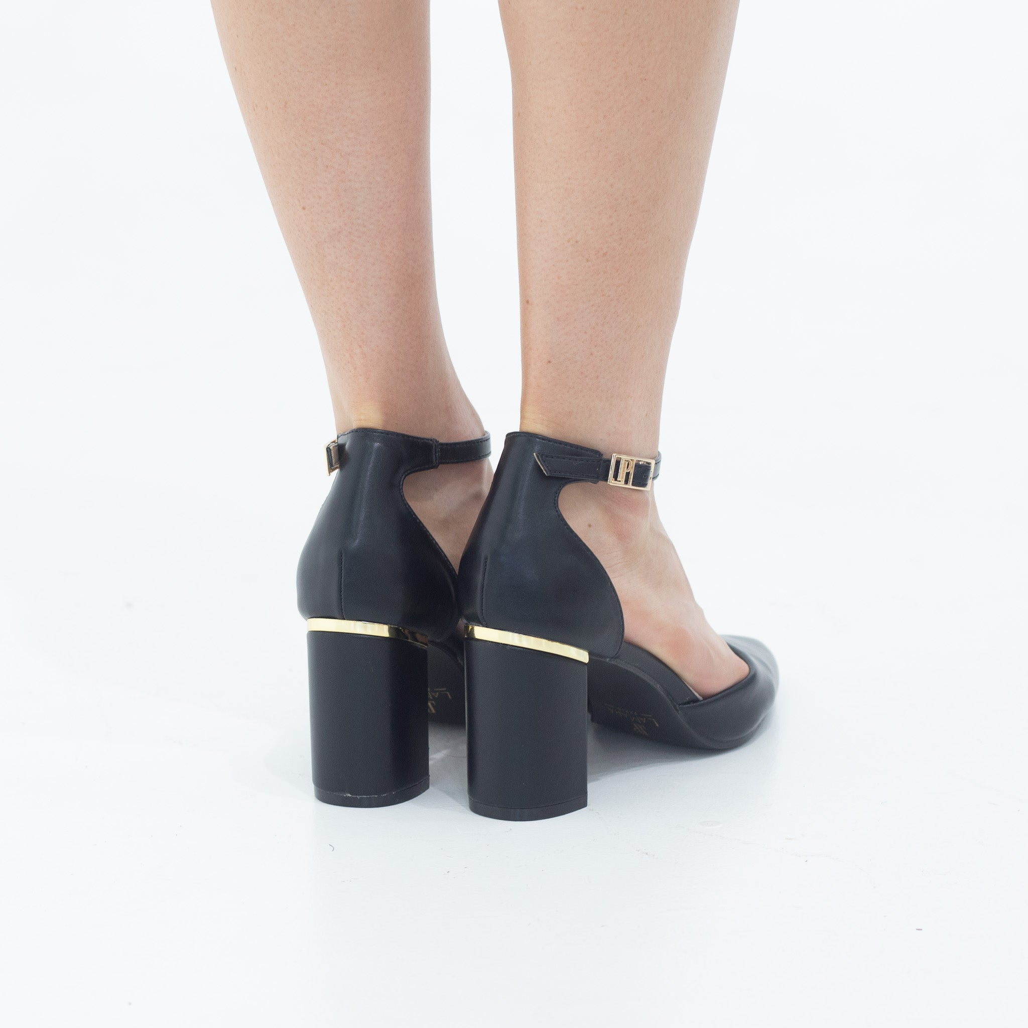 Chandri open waist pointy on 8cm block heel PU black