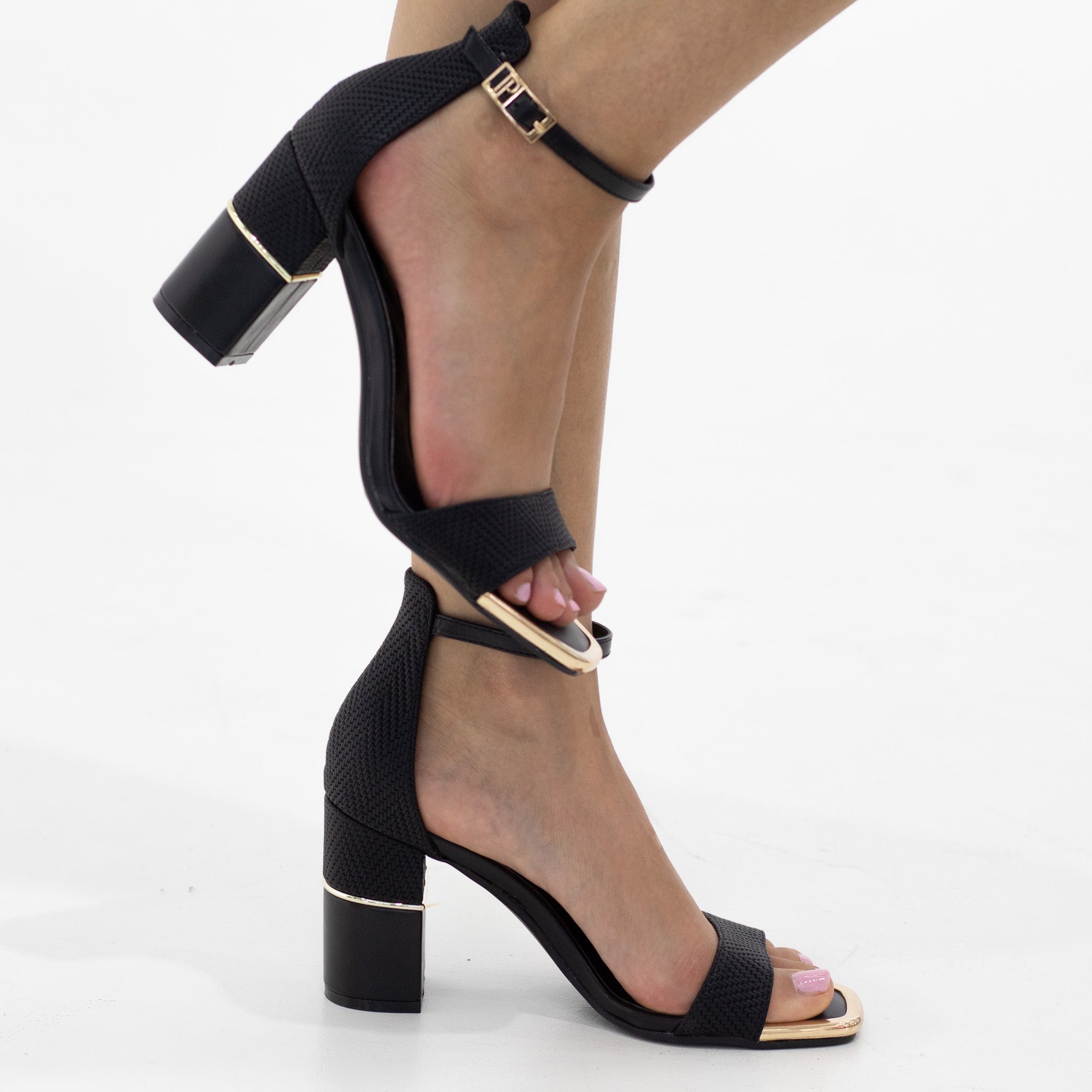 Hafsa one band ankle strap gold toe trim 8.5cm heel sandal black